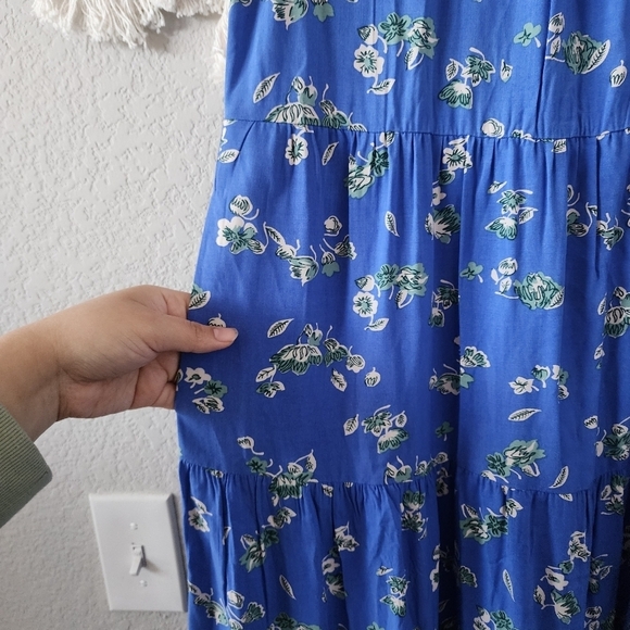 J. Crew Blue Floral Puff Sleeve Tiered Midi Dress Boho Peasant Flowy Beachy L - Picture 8 of 13